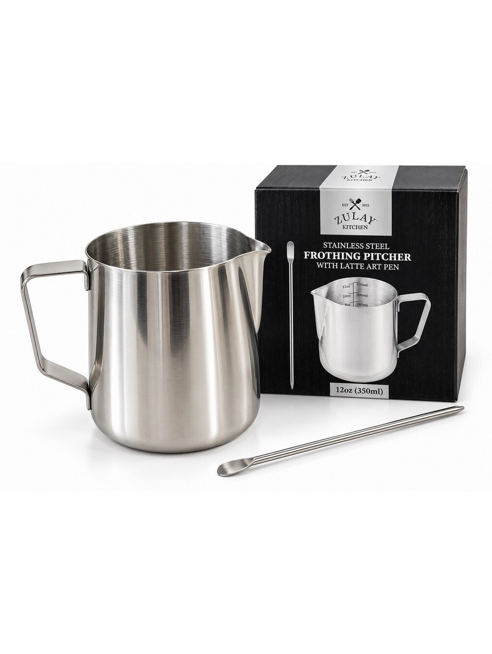 ☕ Zulay Kitchen Stainless Steel Frothing Pitcher 12oz 350ml w/ Latte Art Pen